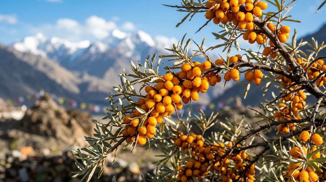 Wild Ladakh Sea Buckthorn Berries on mountain branches
